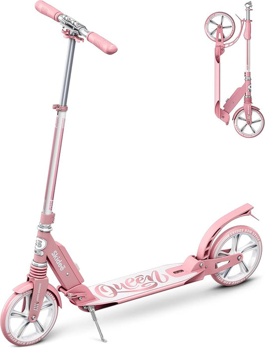 Skidee Adult & Teen Scooter Adjustable Height, Folding, Large Wheels, Lightweight, Durable, Anti-Shock Suspension, Up to 220 lbs
