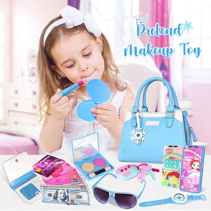 Shemira Play Purse for Little Girls, Princess Pretend Toys for Girls 3 4 5 6 7 8 Years Old, Christmas & Birthday Gift for Kids Age 3-5 4-6 6-8, Toddler Purse with Accessories, Kids Toy Purse, Blue