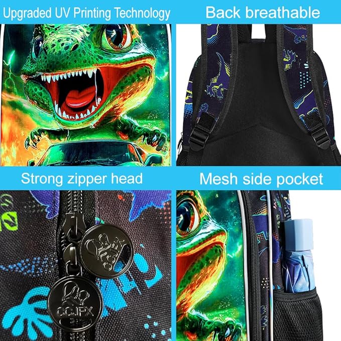 16" Dinosaur Backpack for Boy, 3Pcs Cars Bookbag with Lunch Box, Kids School Backpacks for Elementary Preschool Kindergarten (Black)