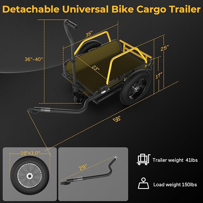 2 in 1 Bike Cargo Trailer and Wagon Cart, Bike Trailer with 360°Swivel Caster, Supports up to 150 lbs, Detachable Bicycle Trailers with 16"×3" Fat tire, Quick Release Wheel & Double Suspension