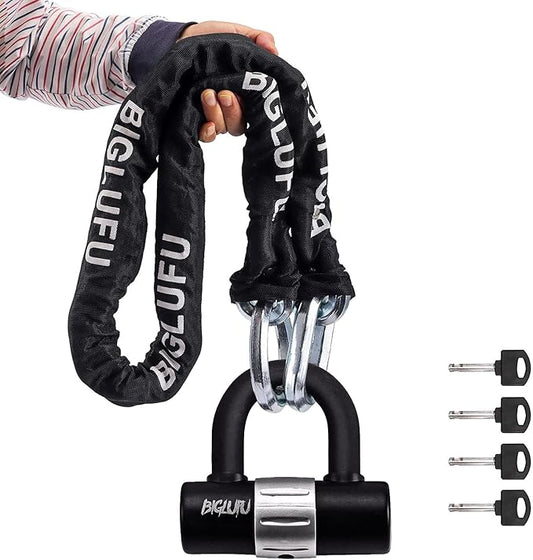 BIGLUFU Motorcycle Lock Chain Locks Heavy Duty, 150 cm/5 ft Long, Cut Proof 15mm Thick Square Chains with 4Keys 16 mm U Lock, Ideal for Motorcycles, Motorbike, Bike, Gates, Bicycle, Scooter.