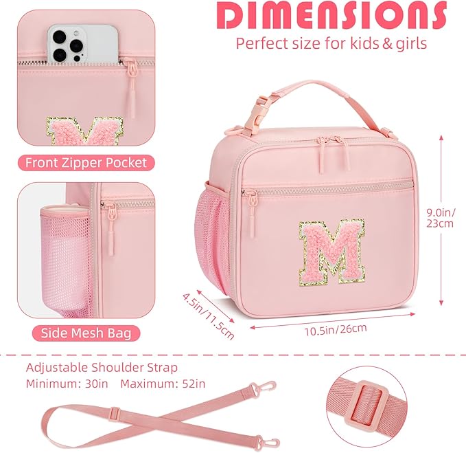Kids Initial Lunch Bag, Reusable Insulated Lunch Box for Girls Toddlers, Back to School Gift, Leak-proof Cooler Bag for School Daycare Travel Picnic, Pink-M