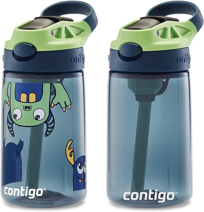 Contigo Aubrey Kids Cleanable Water Bottle with Silicone Straw and Spill-Proof Lid Blueberry & Monsters 14 Ounce 2-Pack