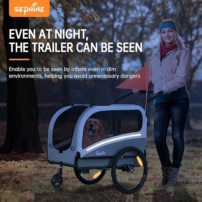 Sepnine Dog Bike Trailer, Supports up to 88 lbs, 2-in-1 Pet Stroller Cart Bicycle Carrier, Easy Folding Cart Frame with Quick Release Wheels, Universal Bicycle Coupler, Non-Slip Floor, Internal Leash