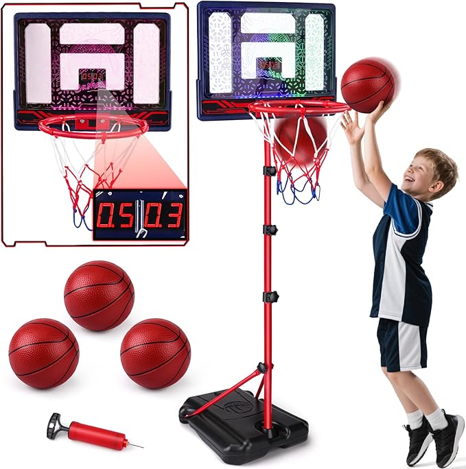 Basketball Hoop for Kids 3 4 5 6 7 8 Years Old, Electronic Basketball Goal with Adjustable Stand, 7 LED Lights & Scoreboard, Indoor Outdoor Sports Toy, Birthday for Kids Boys Ages 3-12