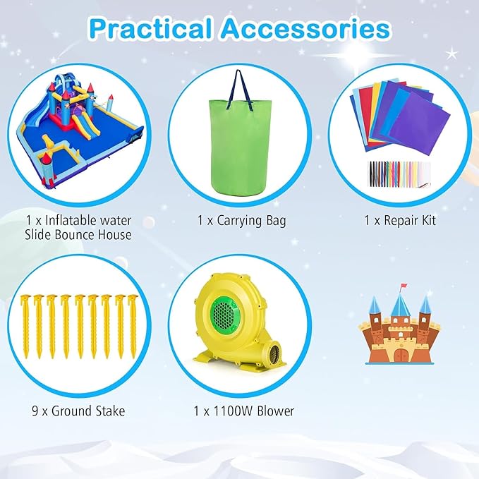 BOUNTECH Inflatable Water Slide, 10-in-1 Water Park Jump Castle for Big Kids 5-12, Water Slides Inflatables w/Huge Splash Pool, Football Gate, Water Bounce House for Kids Outdoor Backyard Party Gifts