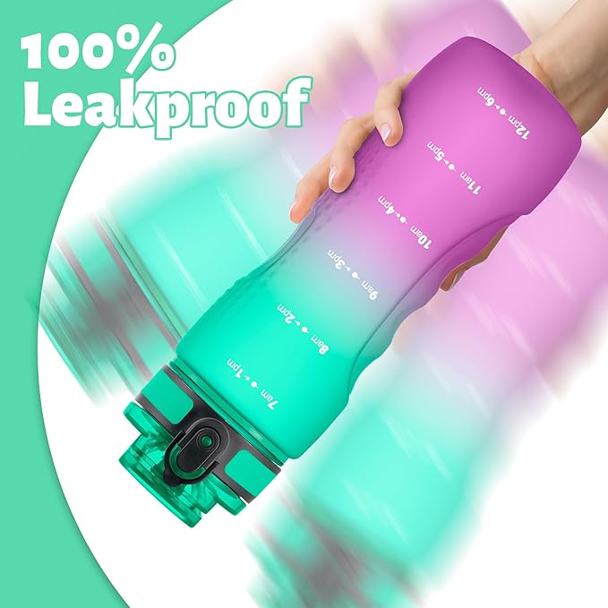 OLDLEY 25 oz Water Bottle, Motivational Water Bottle with Time Marker, Sports Water Bottle With Strap, Leakproof & BPA Free Large Water Bottles for School, Gym, Travel, Outdoor, Tritan,Green&Purple