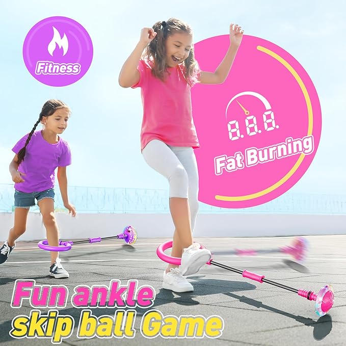 Flooyes Skip Ball for Kids, Ankle Skip Ball Toy with Counter, Timer and Cal Calculator, Girl Birthday Gifts for Age 6 7 8 9 10+, Rechargeable Colorful Flash Wheel Skip Ball for Girls Women
