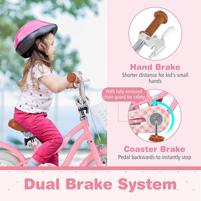 BABY JOY Kids Bike, 12 14 16 18 20 Inch Boys Girls Bike w/Adjustable Seat, Removable Basket, Handbrake & Coaster Brake, Training Wheels or Kickstand, Kids Bicycle with Multi-Color