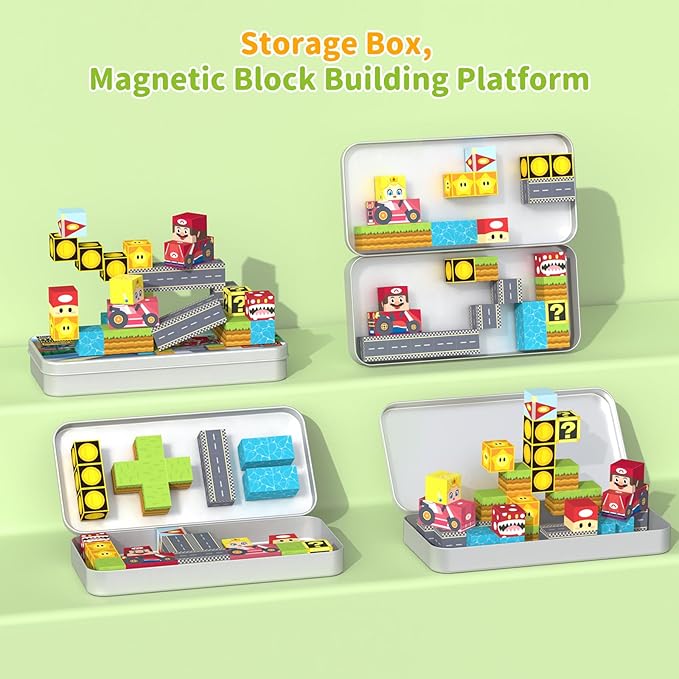 35 PCS Mini Magnetic Tiles Travel Set with Portable Iron Storage Box, STEM Educational Magnetic Building Blocks for Kids Ages 3-8, Montessori Sensory Toys Gifts for Toddler, Boys & Girls