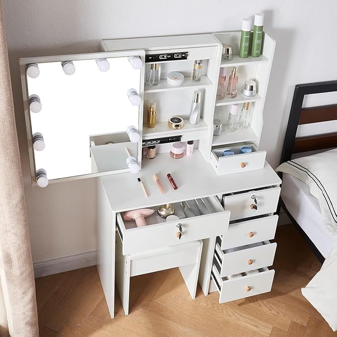 Makeup Vanity Set Dressing Table with Sliding Lighted Mirror and Lockable Drawers, Girls Vanity Set with Cushioned Stool and Hidden Shelves for Bedroom, Bedside. White