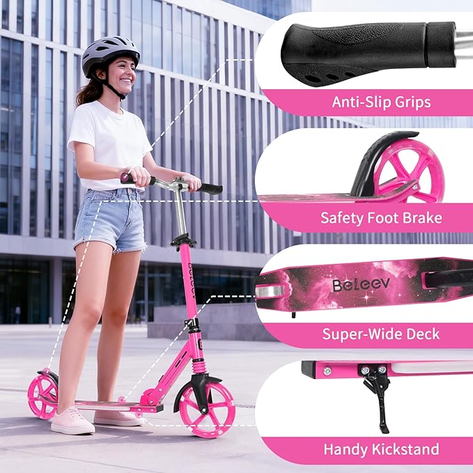 BELEEV V5 Plus Scooters for Kids Ages 6+, Teens with Light-Up Wheels & Deck, 2 Wheel Folding Lightweight Sport Scooter with 4 Adjustable Height, 8-inch Big Wheels, Carry Strap, Max Load 220 lbs