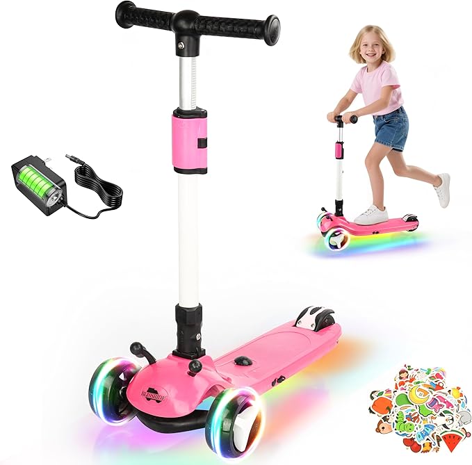 3 Wheel Electric Scooter for Kids Ages 3-12, w/Full Body Lights Up, DIY Stickers, 3 Adjustable Heights, 5Mph Safe Speed, 90min Riding, BLISSRIDE Foldable Kids Electric Scooter for Boys & Girls