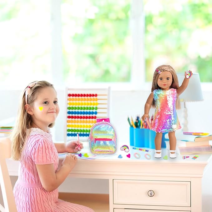 UNICORN ELEMENT 14 Pcs American 18 Inch Girl Doll Accessories School Supplies Set - Doll Backpack, School Supplies, Sunglasses & Hairclips for My Life, Journey & Other 18" Dolls