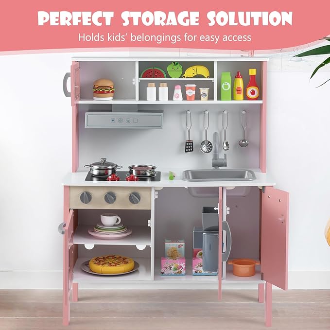 Costzon Kids Kitchen Playset, Wooden Pretend Toddler Kitchen Toy Set w/Sound, Microwave, Oven, Ice Maker, Range Hood, Stoves, Sink & 18 Accessories, Pink Play Kitchen for Girls Ages 3+