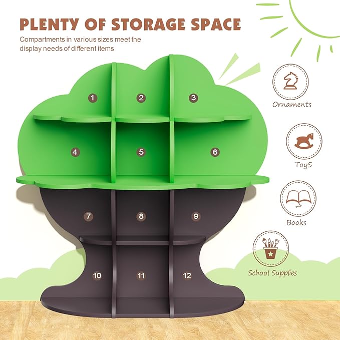 Green Tree Kids Bookshelf Toddler Bookcase 4-Tier Baby Book Rack Children Toy Storage Organizer Forest Wood Display Shelf for Nursery Playroom Bedroom Classroom School Homeschooling Boy Girl’s Gift