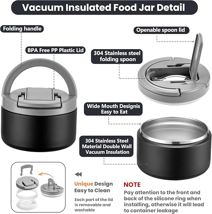 Bento Lunch Box with 8oz Soup Thermo,Kids Leakproof 4 Compartment Lunch Food Containers with Sauce Cup and Ice Pack,Kids Thermo Insulated Hot Food Jar and Lunch Bag for School,Trvael-Black