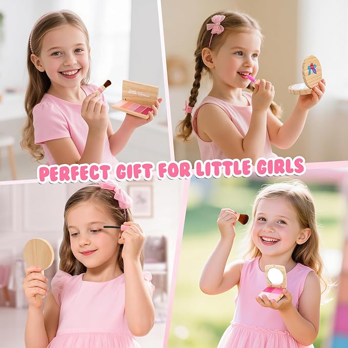 Wooden Makeup Toy Set for Girls: Pretend Makeup Play Set for Toddlers 3-5 - Kids Makeup Set with Eyeshadow/ Mascara/ Mirror/ Bag - Gifts Toys for 3 4 5 6 7 8 Years Old Kids Children