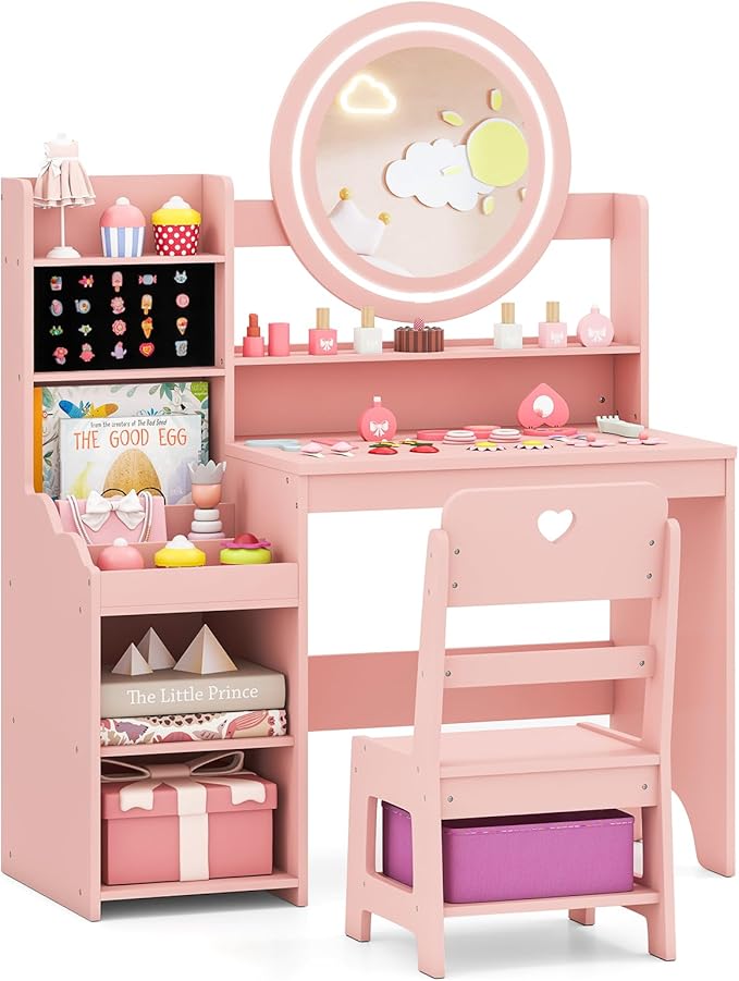 Costzon Kids Vanity, Girls Vanity Set with Mirror and Lights, Jewelry Storage, Shelves, Princess Toddler Makeup Vanity Desk Dressing Table, Wooden Kids Vanity Table and Chair Set (Pink)