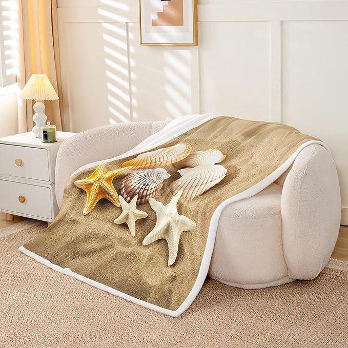 Starfish Fleece Throw Blanket Beach Starfish Seashells Plush Blanket for Sofa Couch Bed Ocean Marine Themed Sherpa Blanket Hawaiian Tropical Beach Room Decor Baby 30x40 Inch