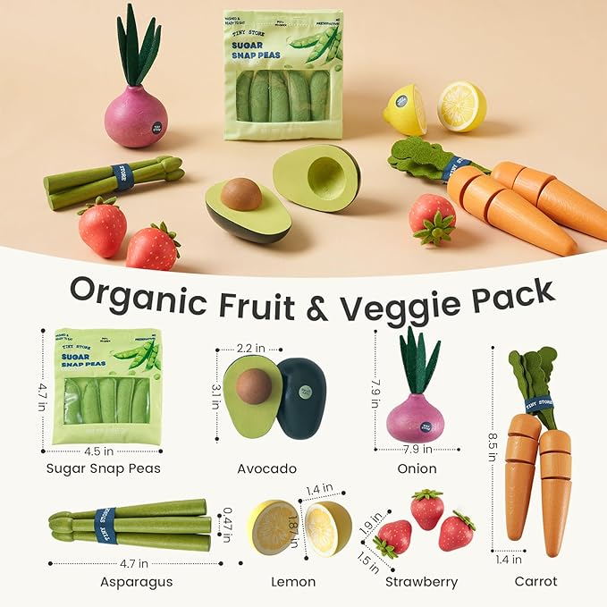 Tiny Land Organic Wooden Vegetable & Fruit Play Set – 7PCS Pretend Food for Kids, Montessori Kitchen Toy for Toddlers, Role Play Grocery Gift