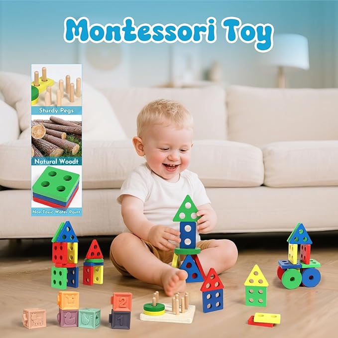 Baby Toys 18-36 Months, Montessori 7-in-1 Activity Set - Stacking Blocks, Infant Teething Toy & Sensory Bin, Baby Boys & Girls Gifts