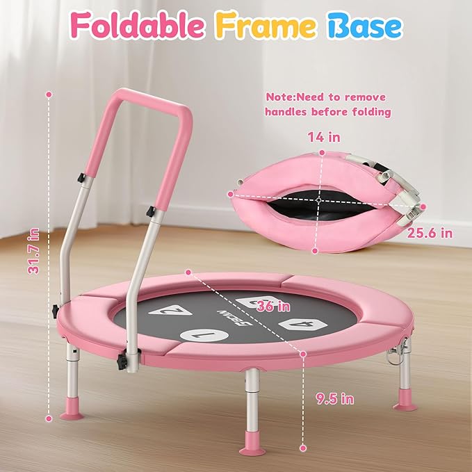 BCAN 36'' Toddler Trampoline, ASTM Certified-Foldable Mini Trampolines for Kids Ages 1-6, Adjustable Handle, Safety Pad & Foldable Legs, Baby Trampoline Indoor/Garden, Gift for Boy and Girl