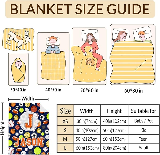 Gift for Boys, Personalized Sport Throw Blanket with Initial for Kids Toddler Teens Sports Lovers, Custom Soft Fuzzy Blankets for Bed Couch Sofa Decor(4 Sizes Optional)