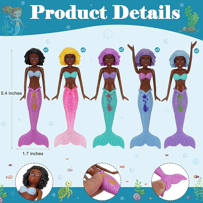 10 Pack Colorful Mermaid Diving Toys Underwater Sinking Pool Toys for Toddlers Kids Girls Ages 3-12, Summer and Spring Fun Bath & Swimming Pool Games, Non-Repeating Styles (Black)