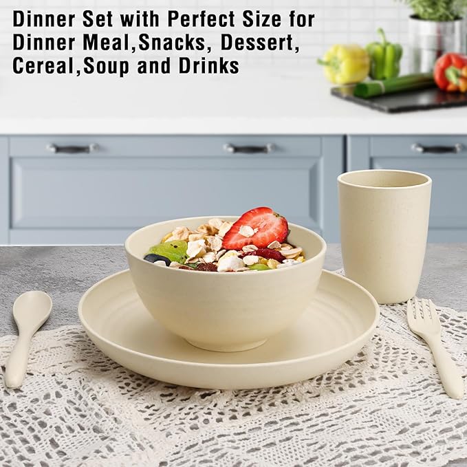 Shopwithgreen Wheat Straw Dinnerware Sets for 4, 20 PCS Unbreakable Plates and Bowls Sets, Reusable Dinner Dishes Set, Bowls, Cups, Plates for Camping, Kitchen, RV, Dorm, Dishwasher Microwave Safe