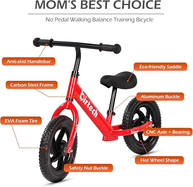 Birtech Balance Bike for 2-5 Years Old Kids 12 Inch Toddler Balance Bike Kids Indoor Outdoor Toys No Pedal Training Bicycle with Adjustable Seat Height, Red