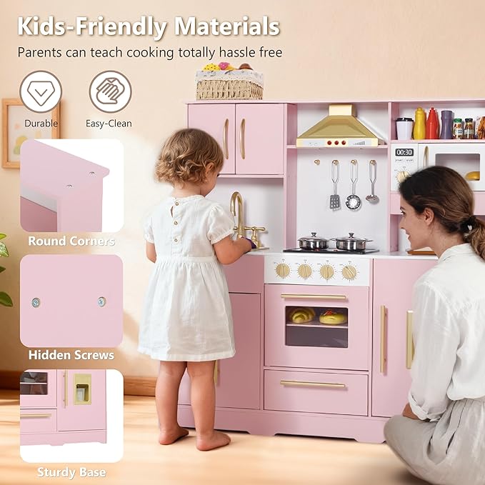Kinder King Wooden Kids Play Kitchen, Toy Kitchen Playset for Toddler, Play Kitchen Set w/Real Sounds, Pretend Coffee Machine, Kitchen Hood, Sink, Ice Maker, Gift for Boys Girls Age 3+, Pink
