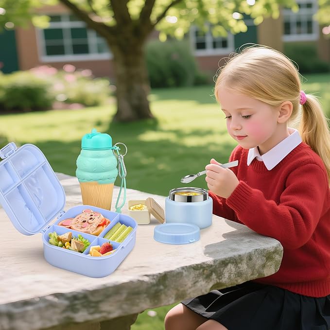 Kids Lunch Box Set -12oz Insulated Food Jar, Thermal Bag,Leakproof Lunch Food Containers Cutlery (BPA Free)-Gift for Girls/Boys Age 3-10 (Blue+Blue Jar)