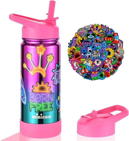 Mininoo Girls Water Bottle for School, 16oz Stainless Steel Insulated Metal Water Bottle with Straw Lid for Boys