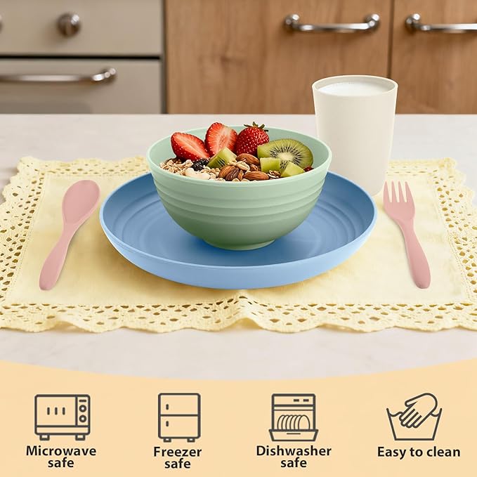 Wheat Straw Dinnerware Sets 20 PCS Service for 4, Unbreakable Kitchen Plates and Bowls Sets, Microwave Dishwasher Safe Dish Set, Outdoor Camping, RV, Apartment Essentials - Colorful