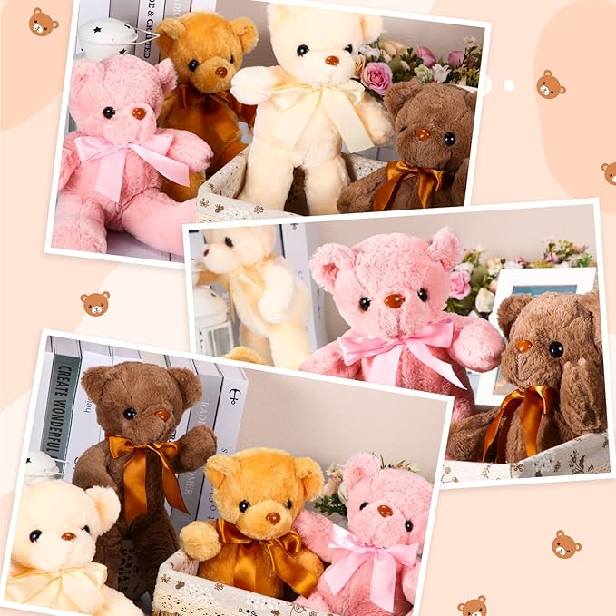 Skylety 10 Pieces Bears Bulk Stuffed Animals Soft Plush Toy Gift Bears with Ribbon Bow for Boys Girls Birthday Wedding Baby Shower Party Favor(Warm Colors)