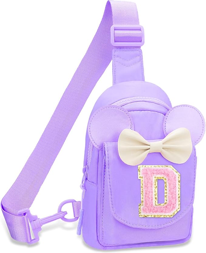Girls Small Sling Bags for Kids - Girl Birthday Gifts for 3 4 5 6 7 8 9 10 Year Old Fanny Pack Belt Bag Personalized Small Initial Pink Sling Bag for Kid Girls Crossbody Bags Purse Purple D