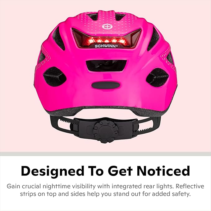 Schwinn Beam Lighted Helmet for Adults, Size 58 - 62 cm for Riders Ages 14+, Rear LED Light, Reflective Strips, Adjustable Dial and Straps, 17 Air Vents, Removable Visor, Adult Bike Helmet