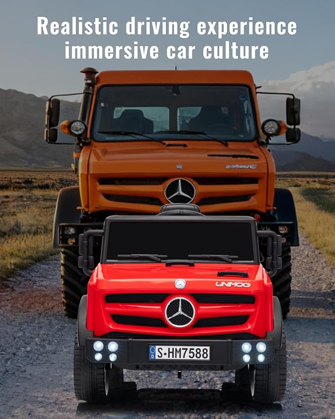 12V Ride on Car for Kids, Licensed Mercedes-Benz Unimog Truck w/Parent Remote Control, LED Headlights, Music Player & Horn for 3-6 Years Toddler, Red