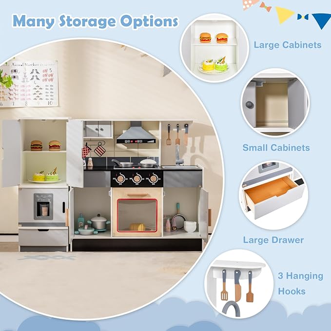 Costzon 2-Piece Play Kitchen, Wooden Toy Kitchen Set with Refrigerator, Ice Maker, Range Hood, Pretend Oven, Kids Kitchen Playset with Sounds & Lights, Gift for Ages 3+