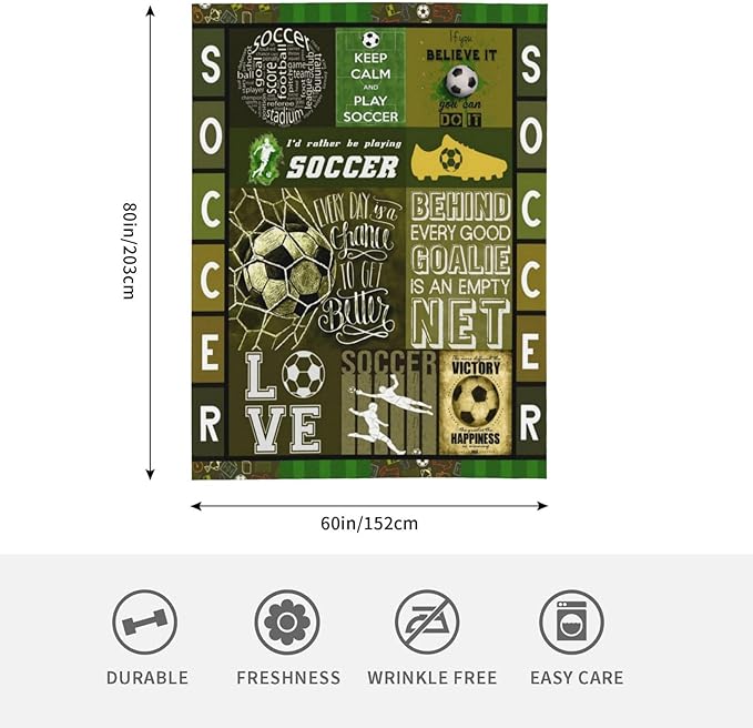 Soccer Blanket Sport Theme Throw Blanket Ultra Soft Cozy Fleece Soccer Gift for Soccer Lover Fuzzy Plush Bedding Blankets for Soccer Team Player Kids Teens Adults Girls Boys Women Men 80"x60"