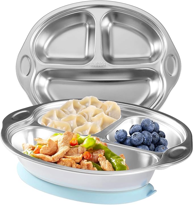 Mrs. Chou® Stainless Steel Kids Plates Suction Plates Divided Baby Plates Toddler Plate, Ideal for Infant Baby-Led Weaning Bowls Non-Toxic Feeding Supplies Dishwasher Safe BPA-Free 100% Food-Grade