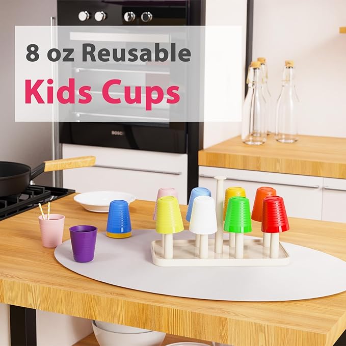 Set of 12 Kids Plastic Cups- 8 oz Children Drinking Cups Reusable Unbreakable Plastic Stackable Water Tumblers for Kids & Toddlers Bright Colored- Dishwasher and Microwave Safe