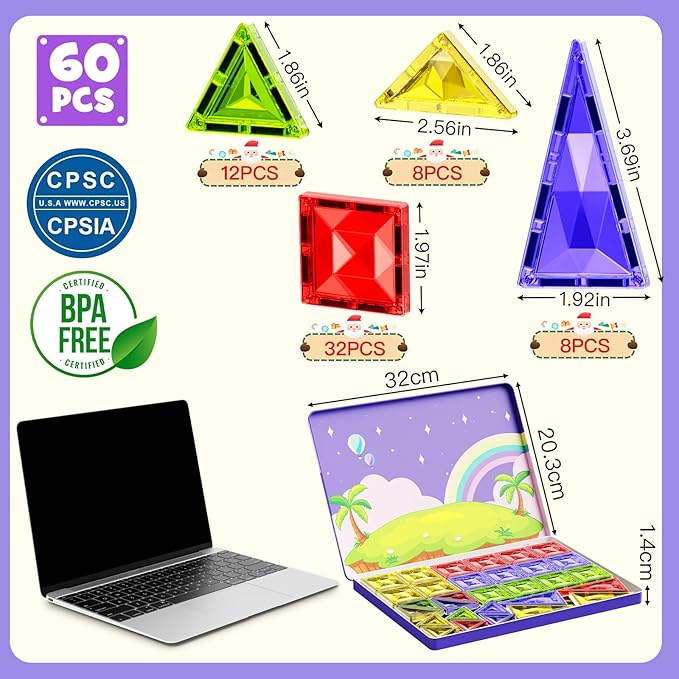 60pcs Diamond Magnetic Tile, Magnetic Building Blocks Magnet Toy with Iron Box, STEM Educational Montessori Indoor Building Kit for Preschool Boys Girls Age 3+ Classroom Must Haves