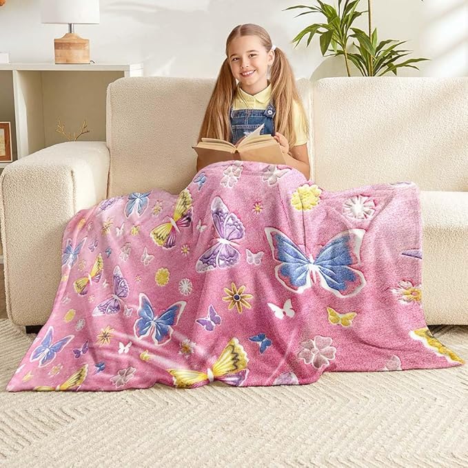 Wajade Glow in The Dark Butterfly Blanket for Girls, Soft Cozy Flannel Kids Throw Blanket for Boys and Girls, Cute Kids Blanket for Sofa Couch Bed, Christmas Birthday Gift 60"x80"
