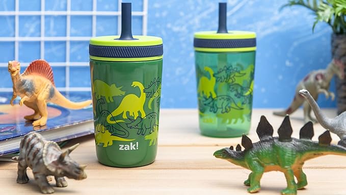 Zak Designs Dino Camo Kelso Tumbler 3pc Set, Leak-Proof Screw-On Lid with Straw, Bundle for Kids Includes Plastic and Stainless Steel Cups with Additional Sipper