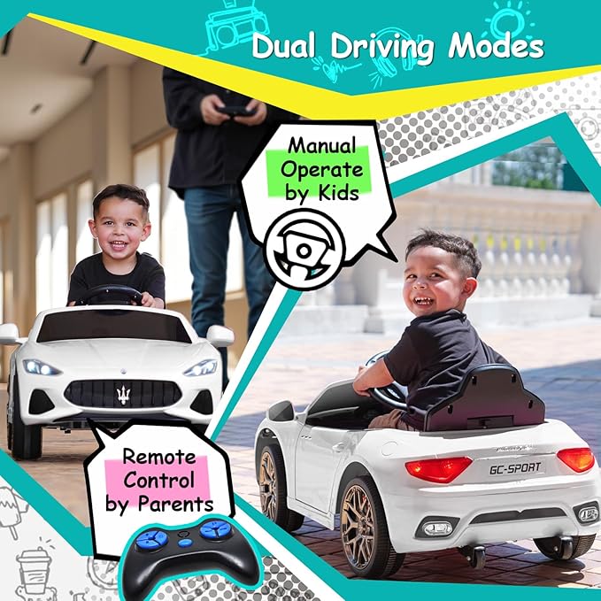 Joywhale 12V Kids Ride on Car Licensed Maserati Battery Powered Electric Vehicle for Ages 3-6, with 2.4G Remote Control, Metal Suspension, Safety Belt, Bright Headlights, Music & FM, White, DP-M02L