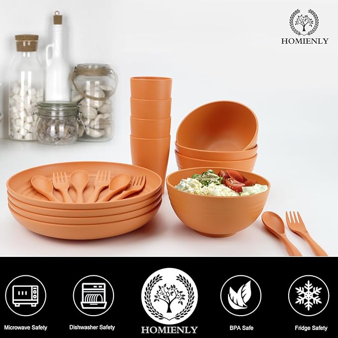 Wheat Straw Dinnerware Sets, Homienly 20pcs Unbreakable Microwave Dishwasher Safe Tableware Lightweight Bowls, Cups, Plates Set Reusable Dinner Plates Bowls set (Orange)