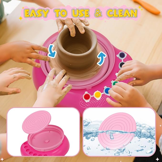 Pottery Wheel for Kids– Complete DIY Pottery Painting Kit for Ages 8-12 Beginners with 4 Air-Dry Clay Packs and Tools, Arts & Crafts Supplies Toys Birthday Gift for Boys Girls 6+ Years Old (Pink)