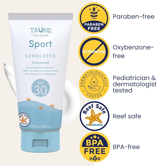TruKid Sport Mineral Sunscreen SPF 30 - All Natural Kids & Baby Sunscreen for Face & Body, Non-Toxic Zinc Oxide Sunblock Protection for Sensitive Skin, Unscented, FSA Eligible, Travel Size 3.4oz